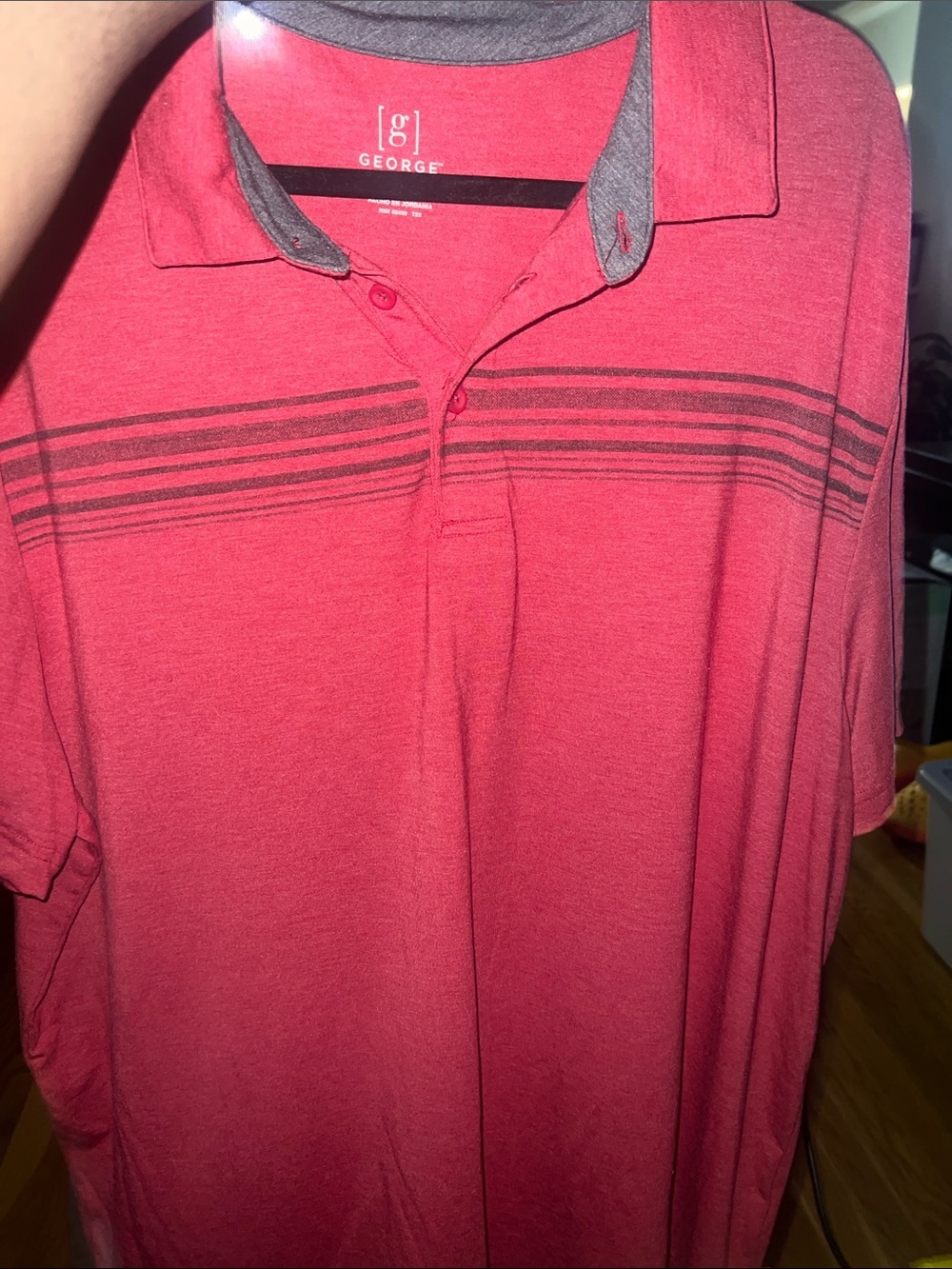 George Men's Coral Red Polo with Gray Stripe Detail